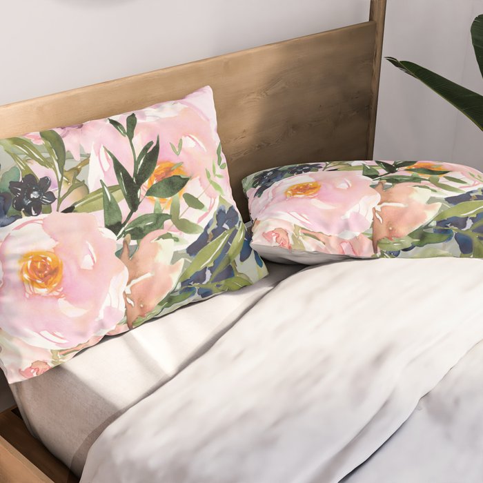 Festive, Floral Watercolor Rose Bouquet, Green and Pink Pillow Sham Gallery Image 2