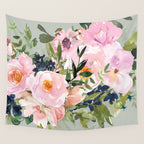 Festive, Floral Watercolor Rose Bouquet, Green and Pink Wall Tapestry Gallery Image 4