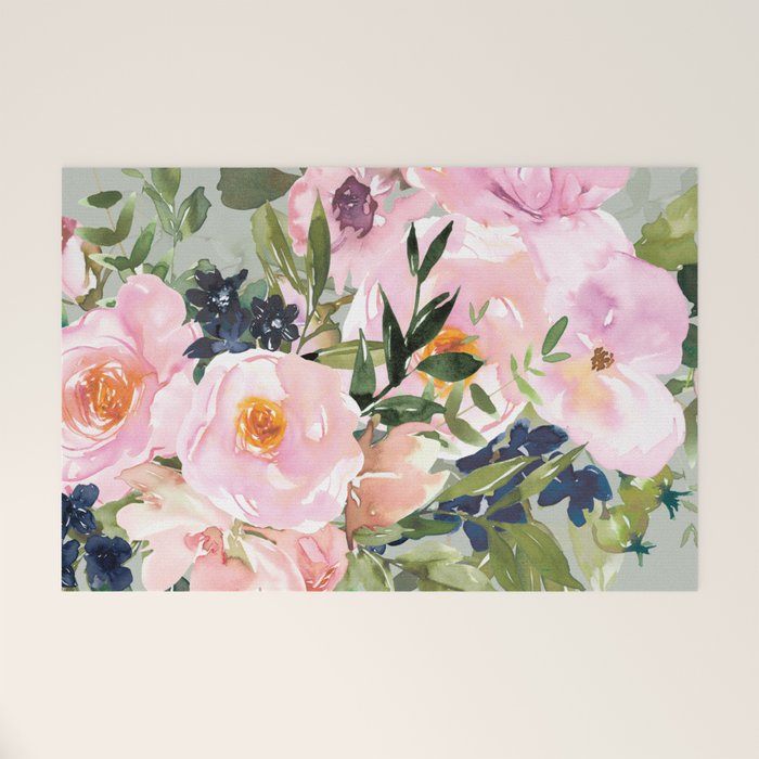 Festive, Floral Watercolor Rose Bouquet, Green and Pink Welcome Mat Gallery Image 1