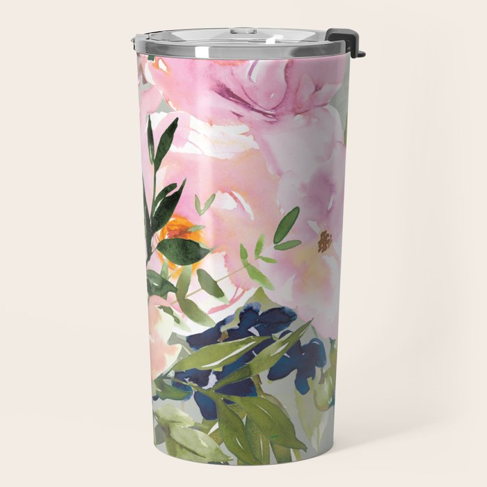 Festive, Floral Watercolor Rose Bouquet, Green and Pink Travel Mug Gallery Image 2