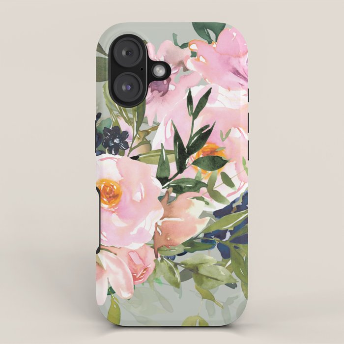 Festive, Floral Watercolor Rose Bouquet, Green and Pink iPhone Case Gallery Image 1