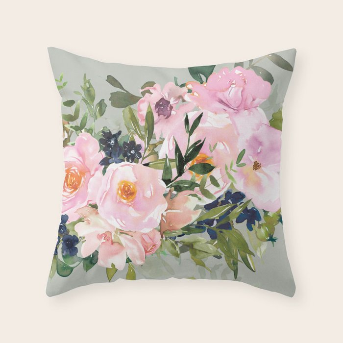 Festive, Floral Watercolor Rose Bouquet, Green and Pink Throw Pillow Gallery Image 1