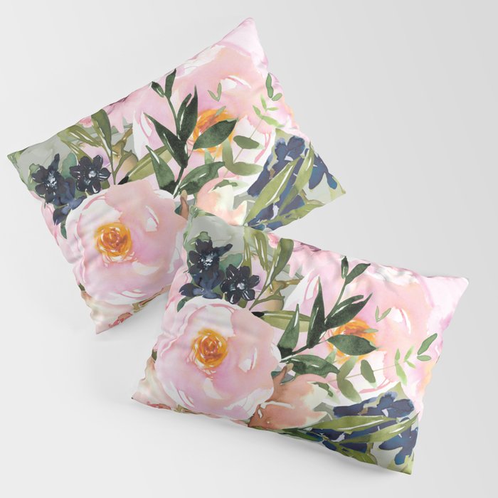 Festive, Floral Watercolor Rose Bouquet, Green and Pink Pillow Sham Gallery Image 1
