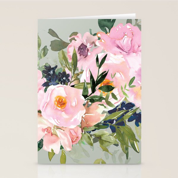 Festive, Floral Watercolor Rose Bouquet, Green and Pink Stationery Card Gallery Image 2