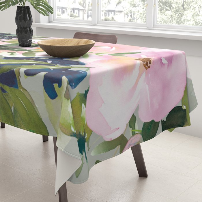 Festive, Floral Watercolor Rose Bouquet, Green and Pink Tablecloth Gallery Image 3