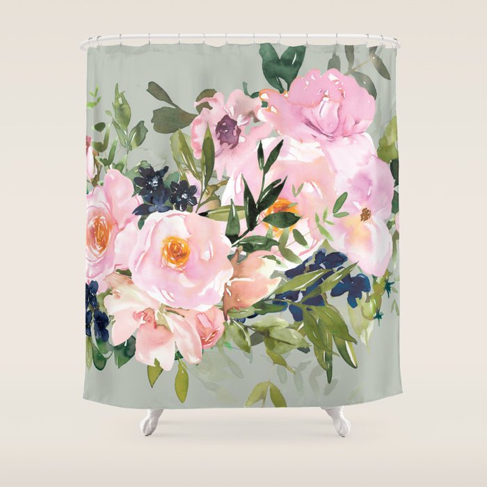 Festive, Floral Watercolor Rose Bouquet, Green and Pink Shower Curtain Gallery Image 1
