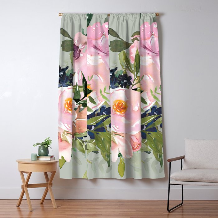 Festive, Floral Watercolor Rose Bouquet, Green and Pink Window Curtain Gallery Image 5