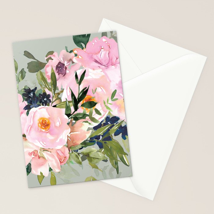 Festive, Floral Watercolor Rose Bouquet, Green and Pink Stationery Card Gallery Image 2