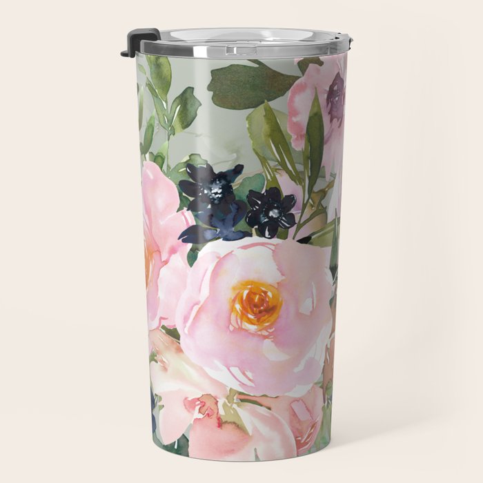 Festive, Floral Watercolor Rose Bouquet, Green and Pink Travel Mug Gallery Image 3