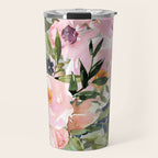 Festive, Floral Watercolor Rose Bouquet, Green and Pink Travel Mug Gallery Image 1