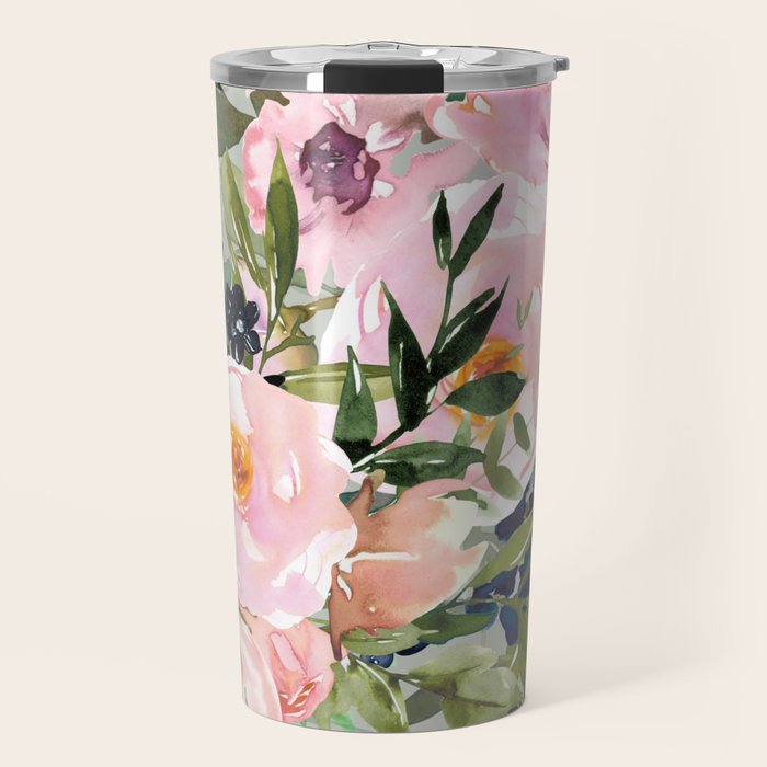 Festive, Floral Watercolor Rose Bouquet, Green and Pink Travel Mug Gallery Image 1