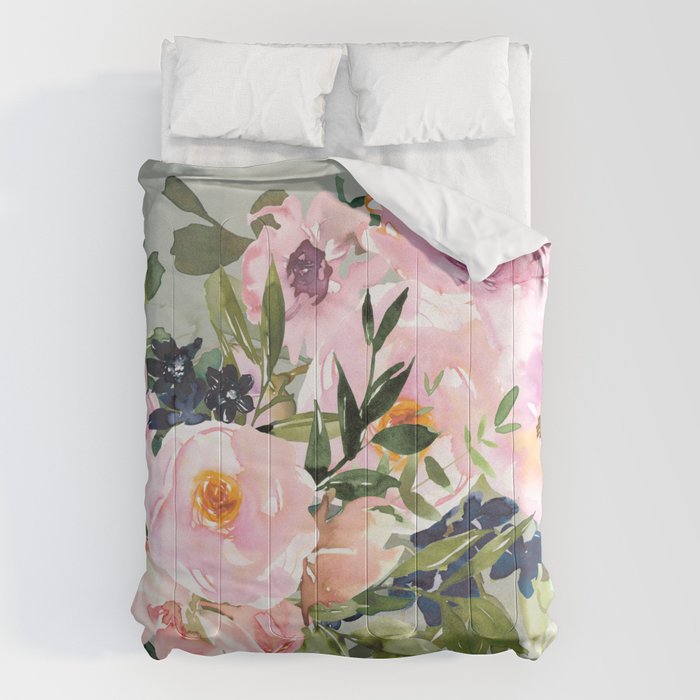 Festive, Floral Watercolor Rose Bouquet, Green and Pink Comforter Gallery Image 1