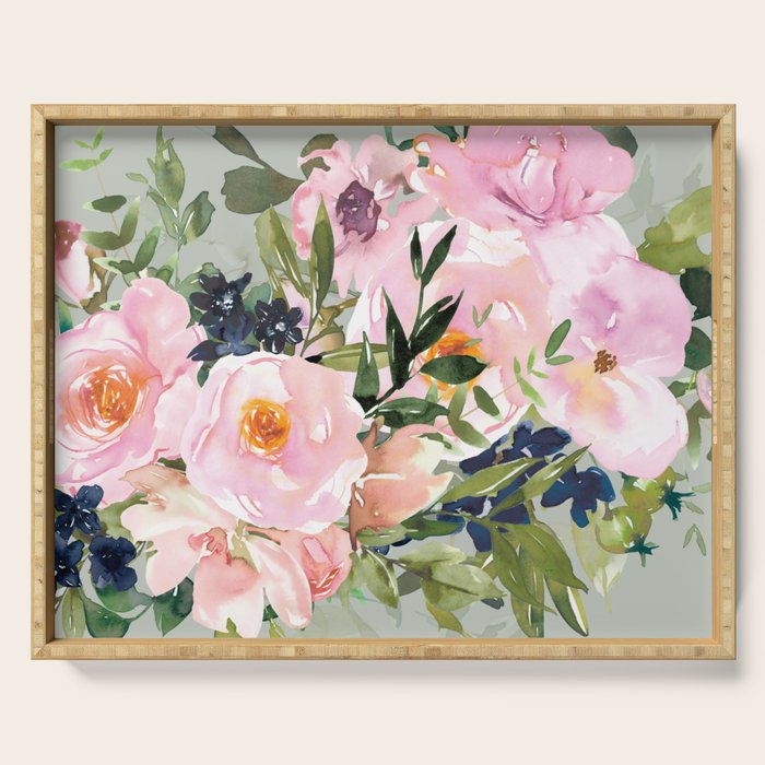 Festive, Floral Watercolor Rose Bouquet, Green and Pink Serving Tray Gallery Image 1