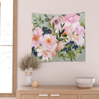 Festive, Floral Watercolor Rose Bouquet, Green and Pink Wall Tapestry Gallery Image 2