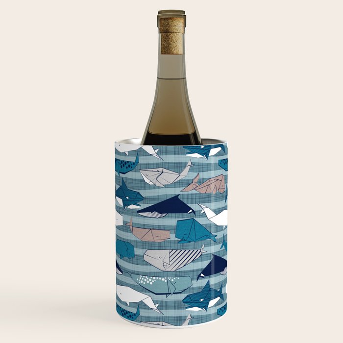 Origami Sea // linen texture and nautical stripes background teal white and taupe whales Wine Chiller Gallery Image 1