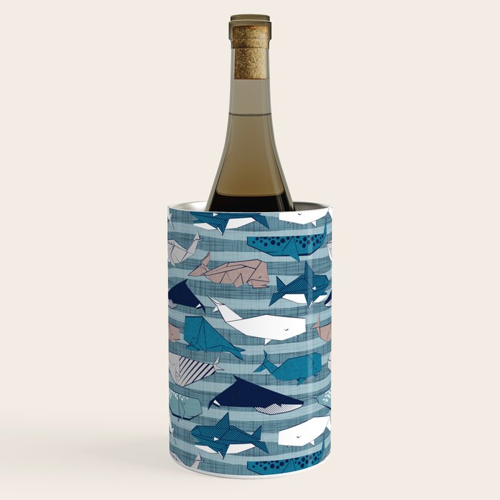 Origami Sea // linen texture and nautical stripes background teal white and taupe whales Wine Chiller Gallery Image 2