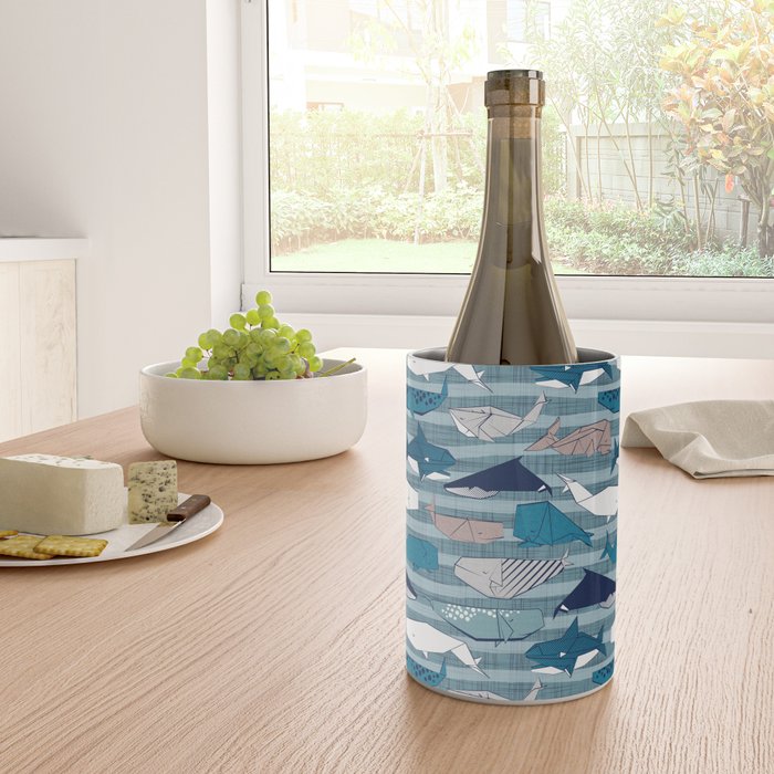 Origami Sea // linen texture and nautical stripes background teal white and taupe whales Wine Chiller Gallery Image 4