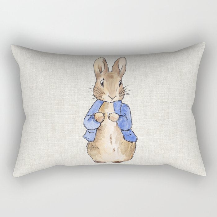Peter the rabbit beige linen textured background Rectangular Pillow Gallery Image 1
