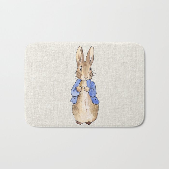 Peter the rabbit beige linen textured background Bath Mat Gallery Image 1
