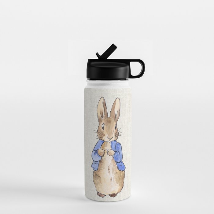 Peter the rabbit beige linen textured background Water Bottle Gallery Image 1