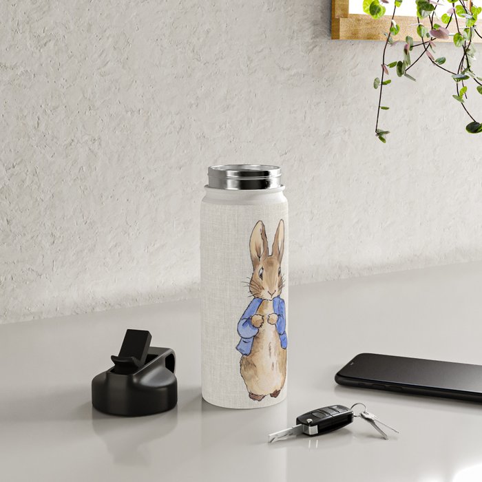 Peter the rabbit beige linen textured background Water Bottle Gallery Image 4