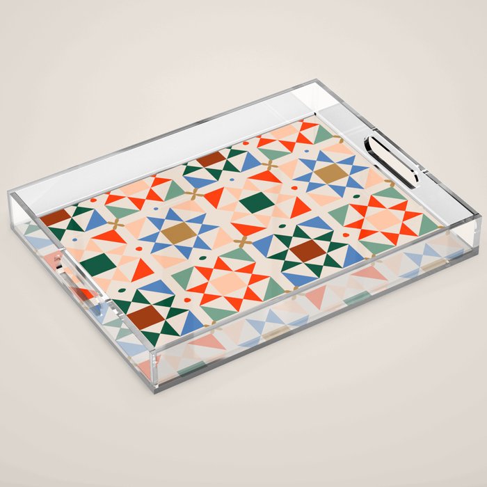 Modern Quilt Block Geometric Pattern Folk Art Patchwork Design in Bold Colors Acrylic Tray Gallery Image 1