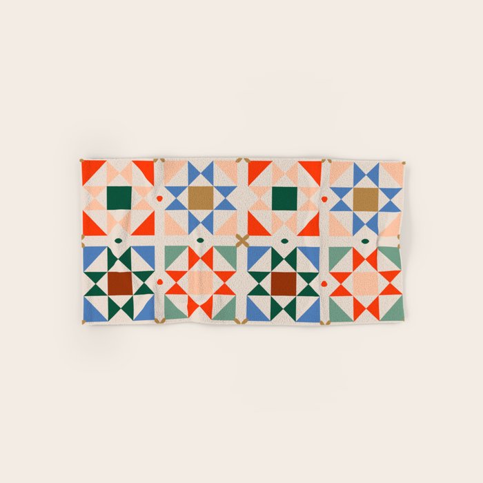 Modern Quilt Block Geometric Pattern Folk Art Patchwork Design in Bold Colors Bath Towel Gallery Image 1