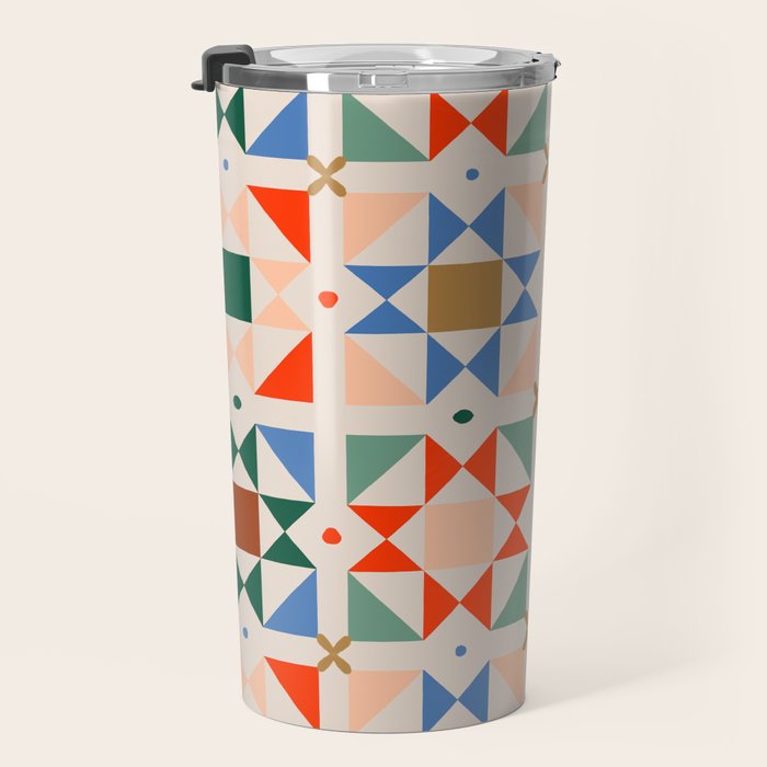 Modern Quilt Block Geometric Pattern Folk Art Patchwork Design in Bold Colors Travel Mug Gallery Image 3