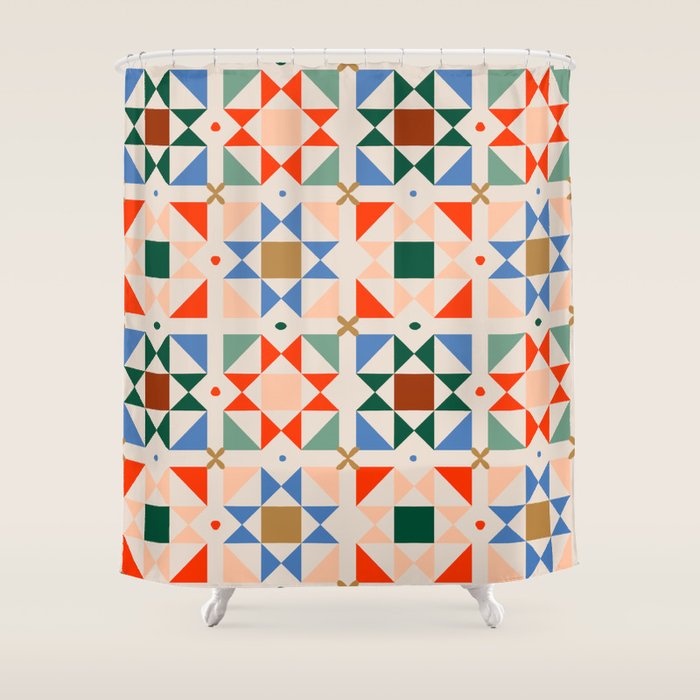Modern Quilt Block Geometric Pattern Folk Art Patchwork Design in Bold Colors Shower Curtain Gallery Image 1