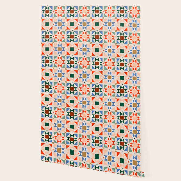 Modern Quilt Block Geometric Pattern Folk Art Patchwork Design in Bold Colors Wallpaper Gallery Image 2