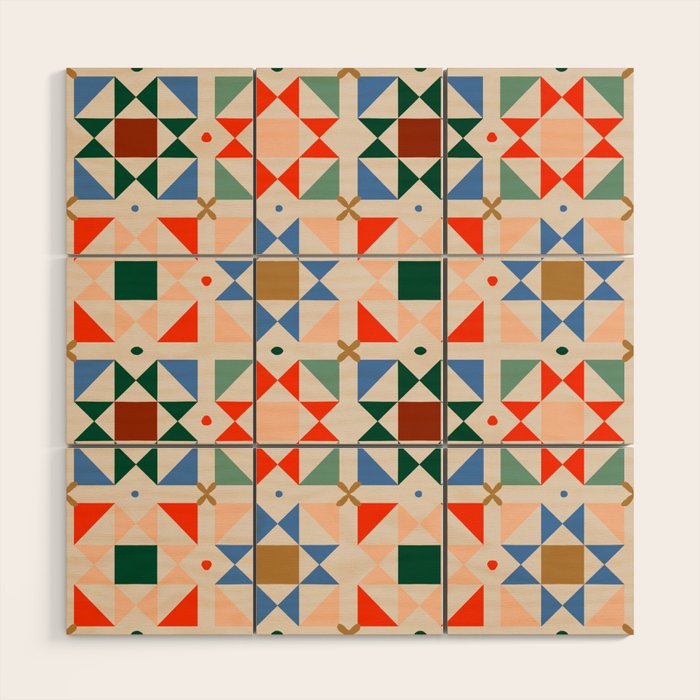 Modern Quilt Block Geometric Pattern Folk Art Patchwork Design in Bold Colors Wood Wall Art Gallery Image 1