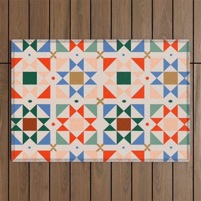 Modern Quilt Block Geometric Pattern Folk Art Patchwork Design in Bold Colors Outdoor Rug Gallery Image 1