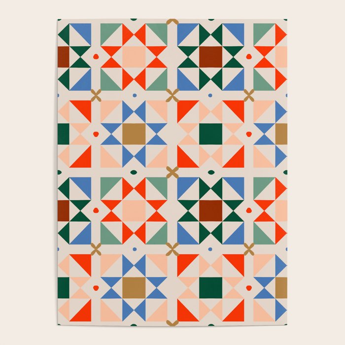 Modern Quilt Block Geometric Pattern Folk Art Patchwork Design in Bold Colors Poster Gallery Image 4