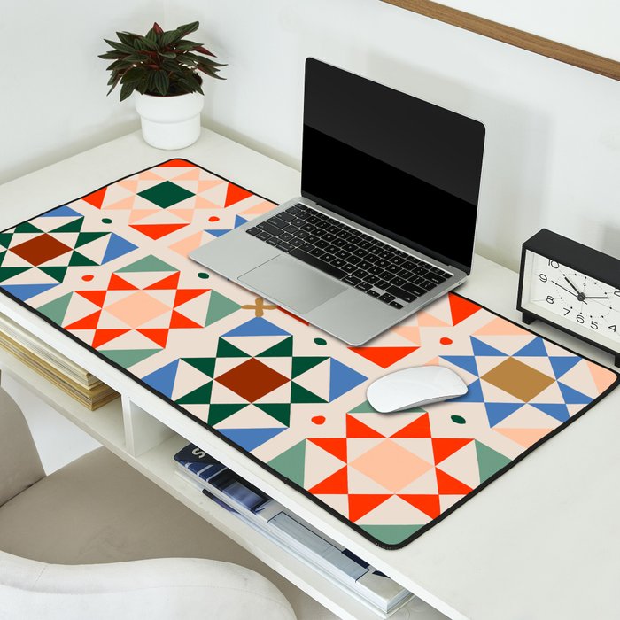 Modern Quilt Block Geometric Pattern Folk Art Patchwork Design in Bold Colors Desk Mat Gallery Image 2