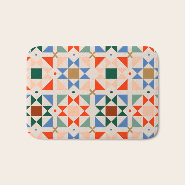 Modern Quilt Block Geometric Pattern Folk Art Patchwork Design in Bold Colors Bath Mat Gallery Image 1