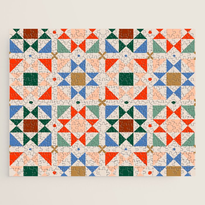 Modern Quilt Block Geometric Pattern Folk Art Patchwork Design in Bold Colors Jigsaw Puzzle Gallery Image 1