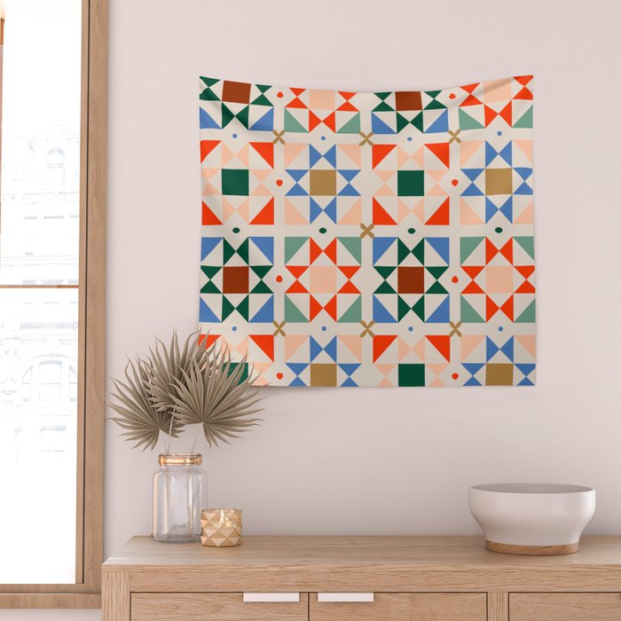 Modern Quilt Block Geometric Pattern Folk Art Patchwork Design in Bold Colors Wall Tapestry Gallery Image 2