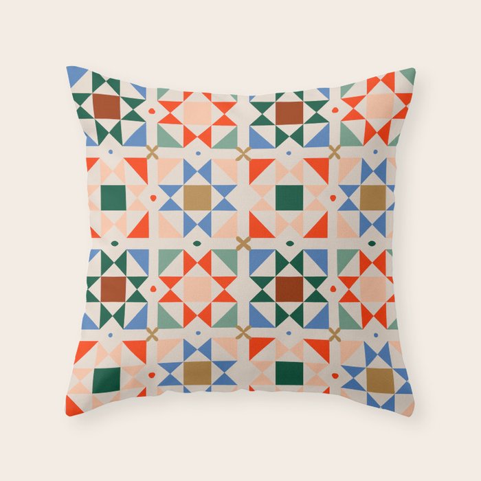 Modern Quilt Block Geometric Pattern Folk Art Patchwork Design in Bold Colors Throw Pillow Gallery Image 1