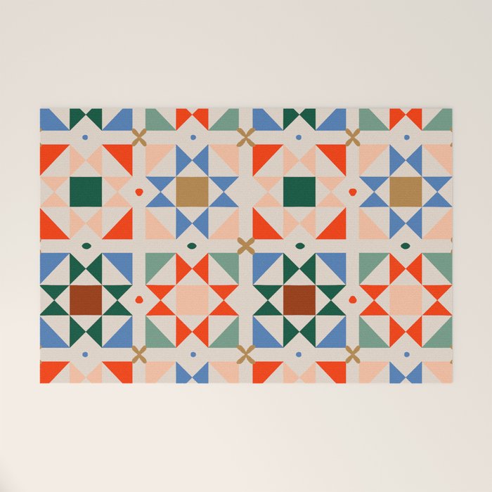 Modern Quilt Block Geometric Pattern Folk Art Patchwork Design in Bold Colors Welcome Mat Gallery Image 1