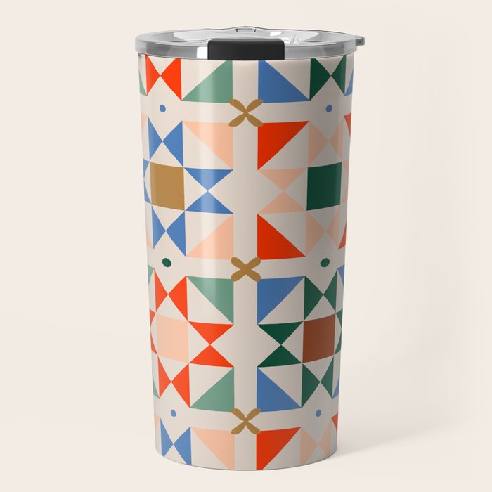 Modern Quilt Block Geometric Pattern Folk Art Patchwork Design in Bold Colors Travel Mug Gallery Image 1