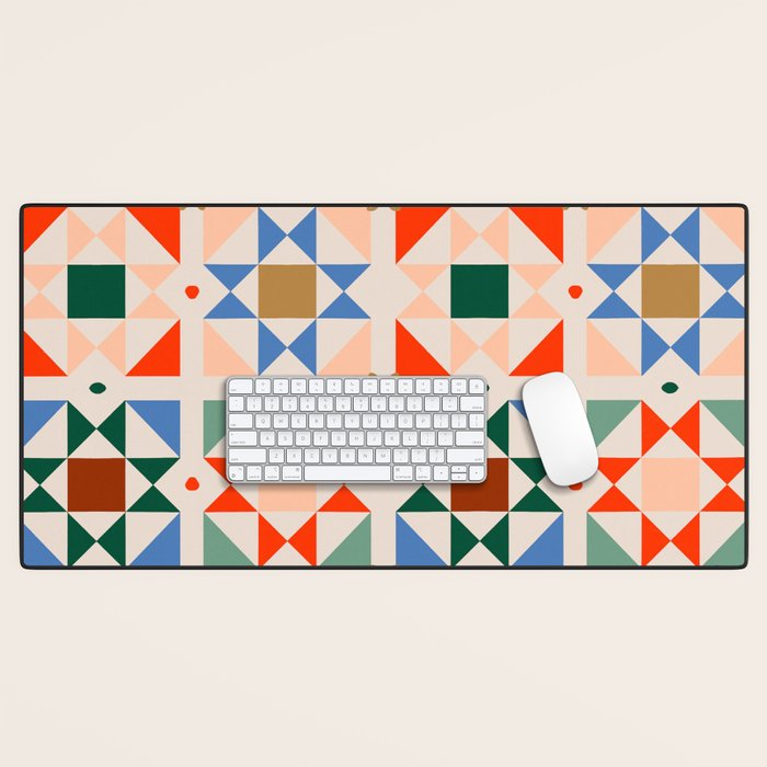 Modern Quilt Block Geometric Pattern Folk Art Patchwork Design in Bold Colors Desk Mat Gallery Image 1
