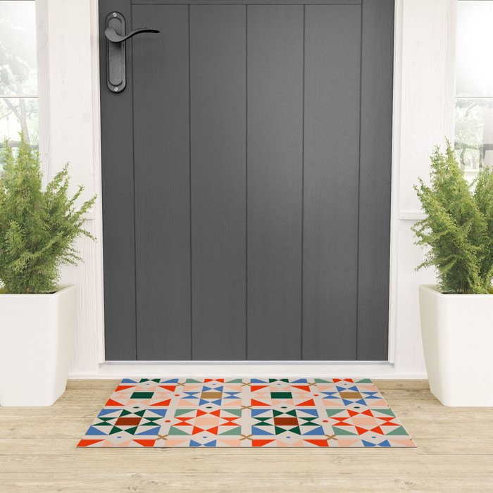 Modern Quilt Block Geometric Pattern Folk Art Patchwork Design in Bold Colors Welcome Mat Gallery Image 3