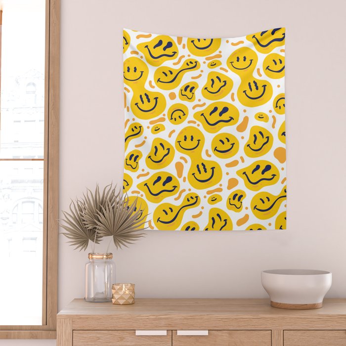 Yellow Dripping Smiley Faces Wall Tapestry Gallery Image 2