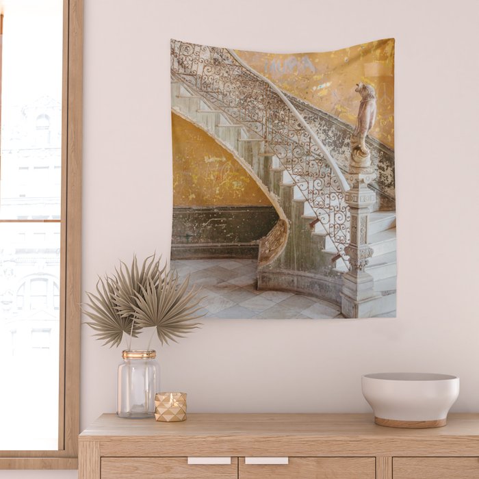 The Staircase - Havana Cuba Architecture, Travel Photography Wall Tapestry Gallery Image 2