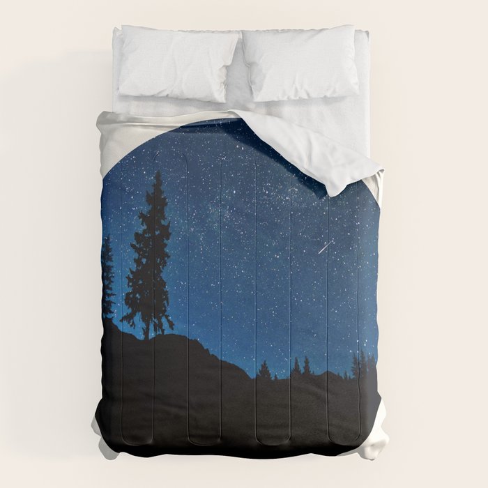 Mid Century Modern Round Circle Photo Blue Star Night Sky Pine Tree Silhouette Comforter Gallery Image 6