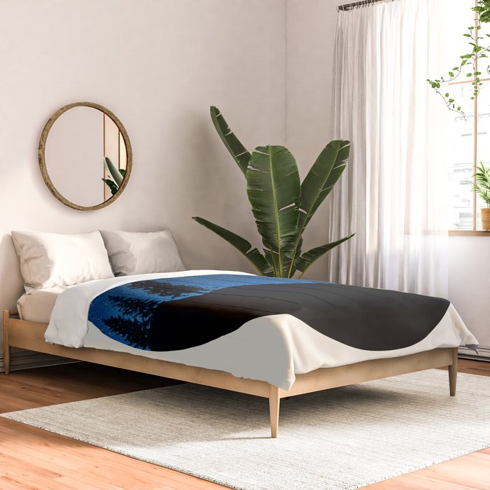 Mid Century Modern Round Circle Photo Blue Star Night Sky Pine Tree Silhouette Comforter Gallery Image 2