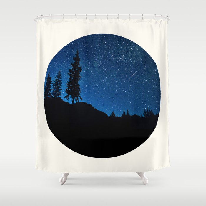 Mid Century Modern Round Circle Photo Blue Star Night Sky Pine Tree Silhouette Shower Curtain Gallery Image 1