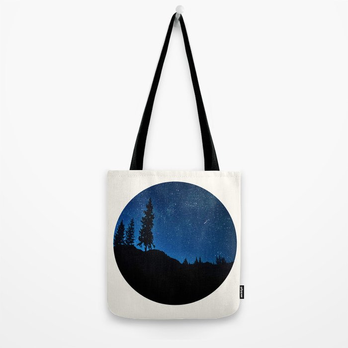 Mid Century Modern Round Circle Photo Blue Star Night Sky Pine Tree Silhouette Tote Bag Gallery Image 2