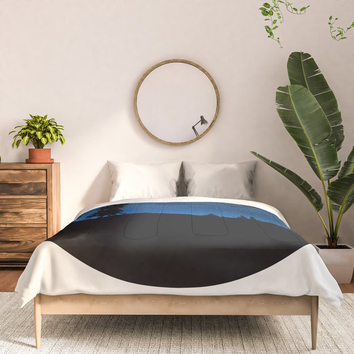 Mid Century Modern Round Circle Photo Blue Star Night Sky Pine Tree Silhouette Comforter Gallery Image 3