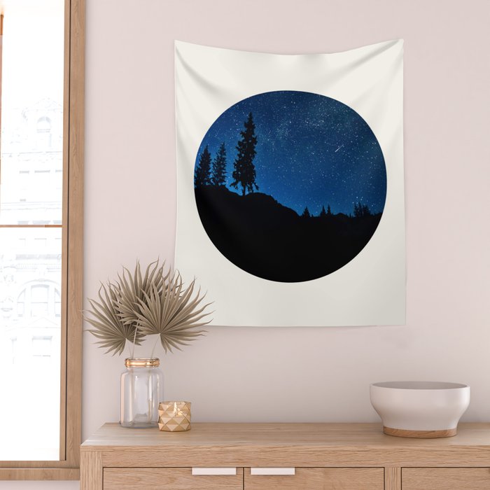 Mid Century Modern Round Circle Photo Blue Star Night Sky Pine Tree Silhouette Wall Tapestry Gallery Image 2